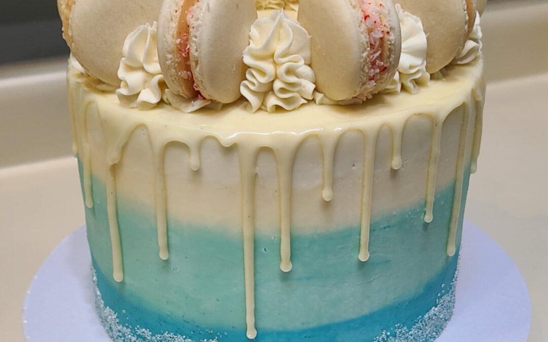 Wintery Theme, Red Velvet Cake Top with Macarons